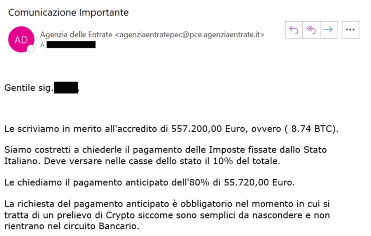 Email phishing (Fonte Agenzia delle Entrate) - palermolive.it